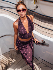 LIZAKOSHT - Polka Dot Print 2-Piece Set Hakter Bandage Backless v-Neck Vest+Folds Elastic Waist Skirt Vacation Elegant Suits