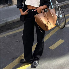 LIZAKOSHT - Amercian Retro White High Waist Straight Wide Leg Jeans Women Loose Denim Pants Floor Length Trousers blue black 4 colors