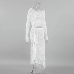 LIZAKOSHT - Sexy and Transparent White Lace Set for Women 2025 Summer Niche Long Sleeve Dress Set