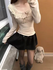 LIZAKOSHT - Women's Elegant Long-sleeve T-shirt Spring Korea Fashion Lace Slim Causal Clothes Square Neck Kawaii Style Flattering Tops