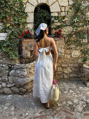 LIZAKOSHT  -  Sexy Backless Bow Lace Up Women Maxi Dress Elegant V-neck Hollow Out Sleeveless Sling Dresses Summer Casual White Vacation Robes
