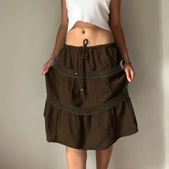 LIZAKOSHT - Vintage A-Line Beaded Tie-Waist Woven Skirt For Woman Chic Brown Lace Design Slim Mid-length Skirt Y2k Boho Clothes New