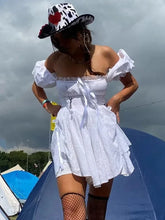 LIZAKOSHT White Sexy Tie Up Puff Sleeve Cotton Summer Women Dress Vintage Lace Dress Petite Beach Mini Backless Short Dress Vestido Mujer