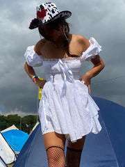 LIZAKOSHT White Sexy Tie Up Puff Sleeve Cotton Summer Women Dress Vintage Lace Dress Petite Beach Mini Backless Short Dress Vestido Mujer