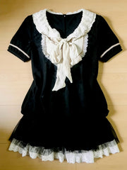 LIZAKOSHT - 2000s Japan Style Kawaii Lolita Slim Dress Y2k Harajuku Vintage Sweet Summer Short Party Dress Lace Bow Patchwork Mini Dress