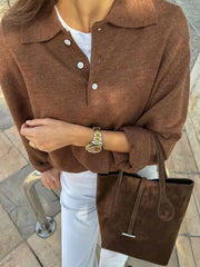 LIZAKOSHT - Solid Knit Lapel Button V-neck Women Fashion Jumper Long Sleeve Loose Oversizes Basic Pullover Autumn Casual Sweater Knitwears
