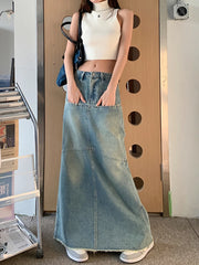 LIZAKOSHT - Denim Womens Long Skirts Vintage England Style High Waist Pencil Skirt Ladies Front Pockets Deisgn A-Line Jeans Skinny Skirt