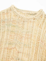 LIZAKOSHT - Women Hollow Out O-neck Knitted Jumpers Casual Loose Cut Out Long Sleeve Pullovers 2024 New Autumn Female High Street Sweaters