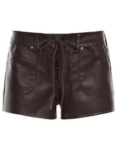 LIZAKOSHT - Vintage Lace Up Design Low Waist Mini Shorts Gothic Streetwear Sexy Slim Fit Brown PU Leather Pants for Women Y2k Chic