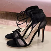 LIZAKOSHT  -  Sexy Open Toe Dancing Woman's Sandals Air Mesh Cover Strap Lace Up Thin High Heels Banquet Party Prom Shoes Female Black