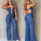 LIZAKOSHT - Fashion Sexy Solid Color Denim Jumpsuits Summer Clothes Women Strapless Backless Straight Jeans Playsuits One Pieces Overalls