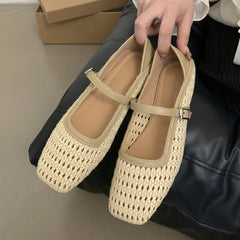 LIZAKOSHT - Braided Flat Ballet Shoes Square Toe Mary Jane Shoe Women Comfy Breathable Summer New Casual Retro Skeleton Balleting Shoes