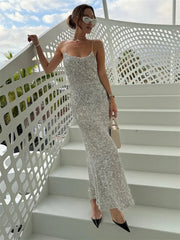 LIZAKOSHT - Autumn Sequin Fashion Long Dress For Women Patchwork Backless Spaghetti Slim High Waist Party Dress Female Shiny Dress