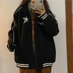 LIZAKOSHT - Jackets For Women Star Letter Embroidery Stand Neck Thick Warm Chaqueta Retro Harajuku Street Fashion Veste Femme
