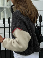 LIZAKOSHT - Chic Patchwork Color Contrasting Knitted Cardigan Women Casual O Neck Full Sleeve Short Sweater Autumn New Female Fashion Top 