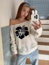 LIZAKOSHT - Flower Jacquard Sweater Woman Autumn Raw Hem Sexy Slash Neck Long Sleeve Pullover Female Vintage Sweet Preppy Style Jumpers Top