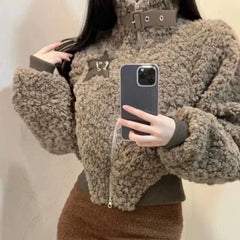 LIZAKOSHT - Vintage Star Patchwork Fluffy Women Coats Fashion Y2k Aesthetic Double Zippers Jackets New Winter Grunge Casual Loose Crop Coat