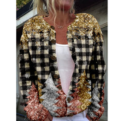 LIZAKOSHT - Women Milled Pit Christmas Tree Button Long Sleeve Lady Casual Extensions Cardigan Gray Coat