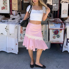 LIZAKOSHT - Vintage Sweet Women Summer Lrregular Design Skirt Y2k Aesthetic Spliced Lace Pleated Jupe Casual Vacation Style Streetwear Skirt