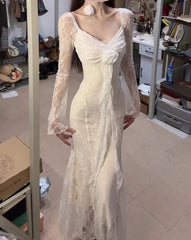 LIZAKOSHT - Fashion Rose Ribbon V-neck Dresses Sexy Lace Slim Fit Bodycondress for Women 2025 Summer New Long Sleeve Vestidos De Mujer