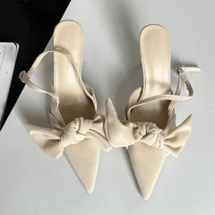 LIZAKOSHT - High Quality Fiber Suede Pointed Toe High Heels Women Summer Sexy Back Trip Strap Buckle Design Heeled Sandals Elegant Bow Mules