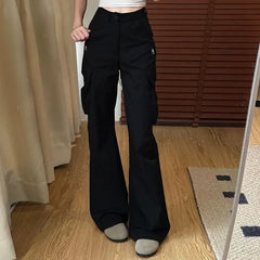 LIZAKOSHT - Korean Cargo Pants For Women High Waist Pockets Casual Fashion Trousers New Bottoms High Waist Black Vintage Pantalon Femme
