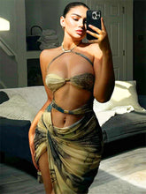 LIZAKOSHT - Summer Tie-Dye Print Halter Ruched Mini Dress Midnight Party For Women 2024 Hollow Out Irregular Waistless Sexy Dresses