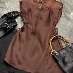 LIZAKOSHT - New Chinese Retro O-neck Lace Up Blouses Sumemr New Sleeveless All-match Shirts Women Y2k Mid-length Loose Blusas Mujer