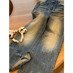 LIZAKOSHT - High Street Vintage Baggy Denim Pants Y2k Embroidered Straight Jeans Wide Leg Trousers Casual High Waist Button Pants For Women