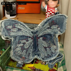 LIZAKOSHT - Personality Denim Butterfly Vintage Backpacks Fashion Harajuku Y2k Aesthetic Women Shoulder Bag Casual Trendy Handbags Crossbody