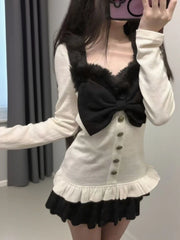 LIZAKOSHT - Japanese Vintage Sweet Bow Stitching Tow-piece Set Women Design Fashion Flying Sleeves Slim Tees Spring Aesthetic Y2k Outfits