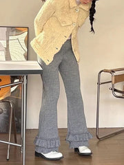 LIZAKOSHT - Y2K Women Gray Ribbed Knit Flare Pants High Waist Elastic Ruffle Hem Slim Fit Casual Trousers Daily Streetwear emo bell-bottoms