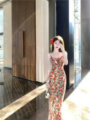 LIZAKOSHT - Summer New Arrival Slip Skirt French Style Women's Lace-up Waist Backless Rose Floral Printed Long Dress