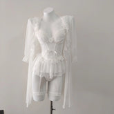 LIZAKOSHT - Romantic Flower French Sexy Lingerie Corset Vest Slim Waist Lace Mesh Fishbone Bra Nightdress with Panty Underwear Set Sleepwear