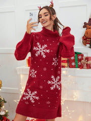 LIZAKOSHT - Autumn and winter Christmas theme white snowflake design in the long temperament casual loose knit woolen dress