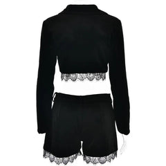 LIZAKOSHT  -  Women Fashion Lace Patchwork Velvet 2 Piece Set Long Sleeve Blazers Coat Crop Tops + Shorts Elegant Office Lady Casual Suits