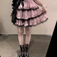 LIZAKOSHT - Harajuku Sweet Lolita A-line Skirt for Women Y2k High Waist Ruched Lace Cake Skirts Summer New Pink Faldas Mujer