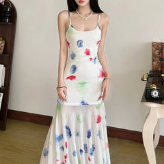 LIZAKOSHT - Aesthetic and Elegant Slim Shoulder Strap Sling Dress Women's Spring Summer Gauze Printed Stitching Dress Women's Clothing