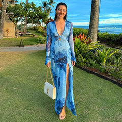 LIZAKOSHT  -  Chiffon Elegant Printed Long Dress V-neck Straps Long Sleeves Dresses Beach Banquet Vestidos Maxi Dress Beach Wear Bikinii Cover