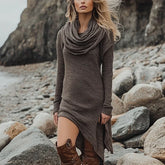 LIZAKOSHT - Retro Scarf Collar Holiday Long Dress Casual Loose Asymmetric Party Dress Women Elegant Solid Long Sleeved Beach Vocation Dress