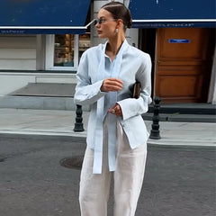 LIZAKOSHT - Casual Women's Lace Up Shirts Long Sleeve Solid Waist-Closed Button Lady Blouse 2025 Fall Fashion Female Streetwear New