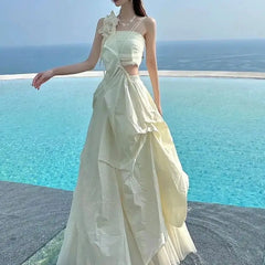 LIZAKOSHT - Long Skirt Tube Top Hollow Asymmetrical Fairy Elegant Cool Pleated Waist 2024 Summer New Mermaid Dress Skirt Holiday Skirt