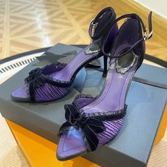 LIZAKOSHT - Sexy Lace Bowknot High Heels Women Pleated Designer Sandals Female Satin Pointed Toe Pumps Banquet Party Shoes Ladies