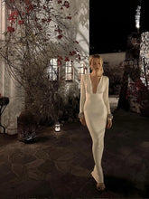 LIZAKOSHT  -  Sexy Deep V Neck Slim Hollow Out Gowns Women Solid Silk Pleated Long Sleeve Slim Maxi Dress New High Street Club Lady Vestidos