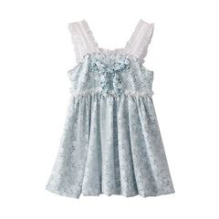 LIZAKOSHT - Sweet Girl Japanese Oil Painting Printed Fungus Edged Fluffy Gauze Suspender Dress Women's Summer Bow Temperament Short Dresses