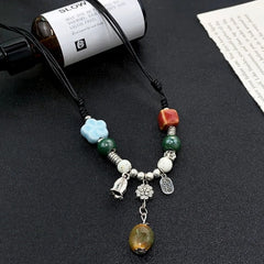 LIZAKOSHT - Bohemian Ethnic Style Necklace Handmade Ceramic Bead Waterdrop Pendant Choker Adjustable Size Bohemian Necklace Women