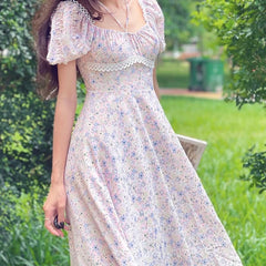 LIZAKOSHT  -  Sweet Floral Print Holiday Summer Dress Women Vintage Puff Sleeve Slit Hem A-line Midi Dresses French Style Robe