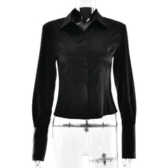 LIZAKOSHT - Waist-Snug Lapel Button-Front Satin Blouse Tops 2026 Spring Chic Elegant Long-Sleeve Slim Top Fashion Chic Office Lady Shirt