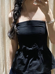 LIZAKOSHT - Black Bow Decor Strapless Tube Top Woman Summer Elastic Waist Sleeveless Slim Crop Tops Solid Sweet Preppy Style Cotton New Vest