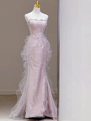 LIZAKOSHT - Pink Shiny Strapless Celebrity Dresses Bead Sleeveless Off Shoulder Tulle Elegant Light Luxury Mermaid Toast Prom Evening Gowns